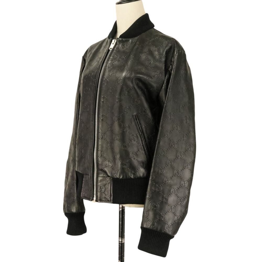 GUCCI GG Embossed Leather Bomber Jacket — Black Size 44