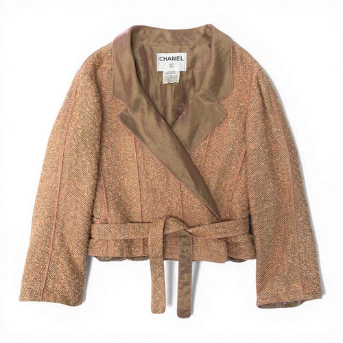 CHANEL 99P Tweed Jacket Short Waist Ribbon P13314W02507 Size 38 Beige