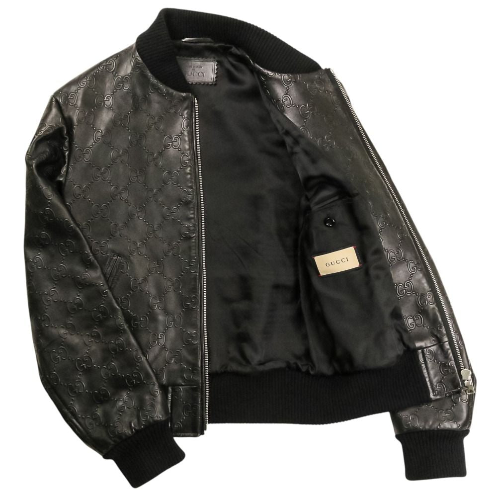 GUCCI GG Embossed Leather Bomber Jacket — Black Size 44