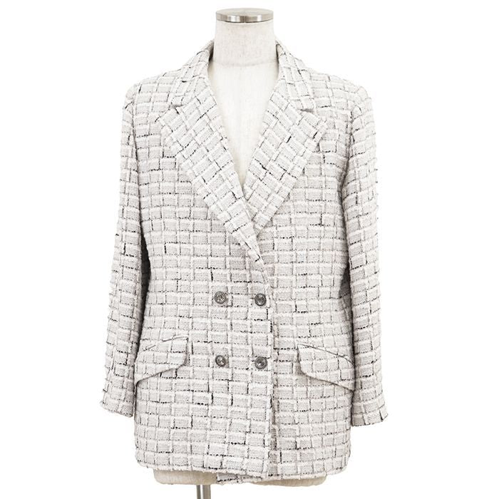 CHANEL 2022AW Tweed Double-Breasted Rhinestone Button Jacket — White / Silver Size 48