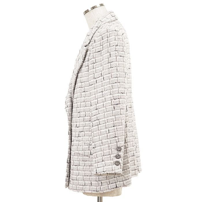 CHANEL 2022AW Tweed Double-Breasted Rhinestone Button Jacket — White / Silver Size 48