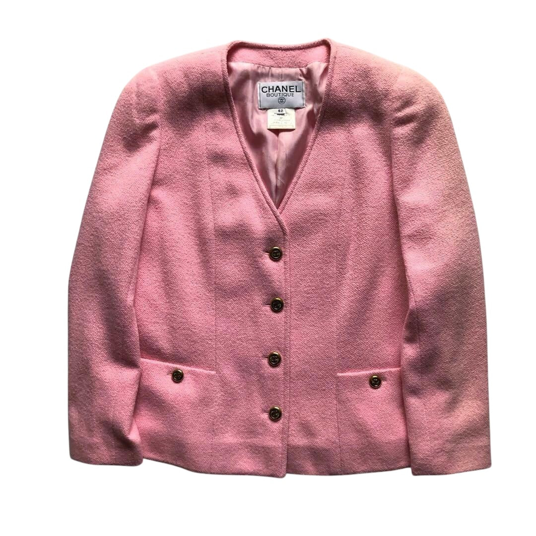 CHANEL 95P No-Collar Tweed Jacket Pink Size 42