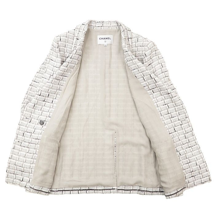 CHANEL 2022AW Tweed Double-Breasted Rhinestone Button Jacket — White / Silver Size 48