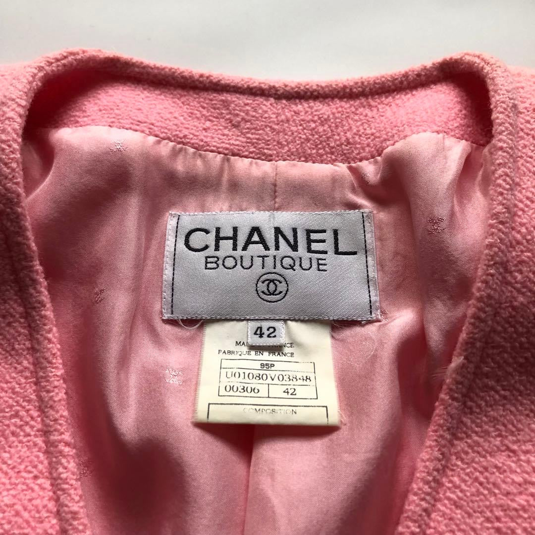CHANEL 95P No-Collar Tweed Jacket Pink Size 42
