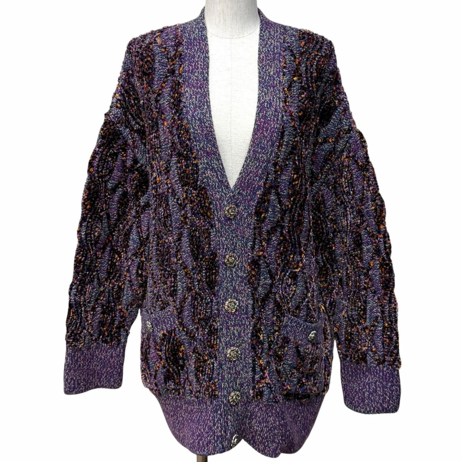 CHANEL Alpaca Blend Rhinestone Coco Button V-Neck Cardigan — Purple Size 38