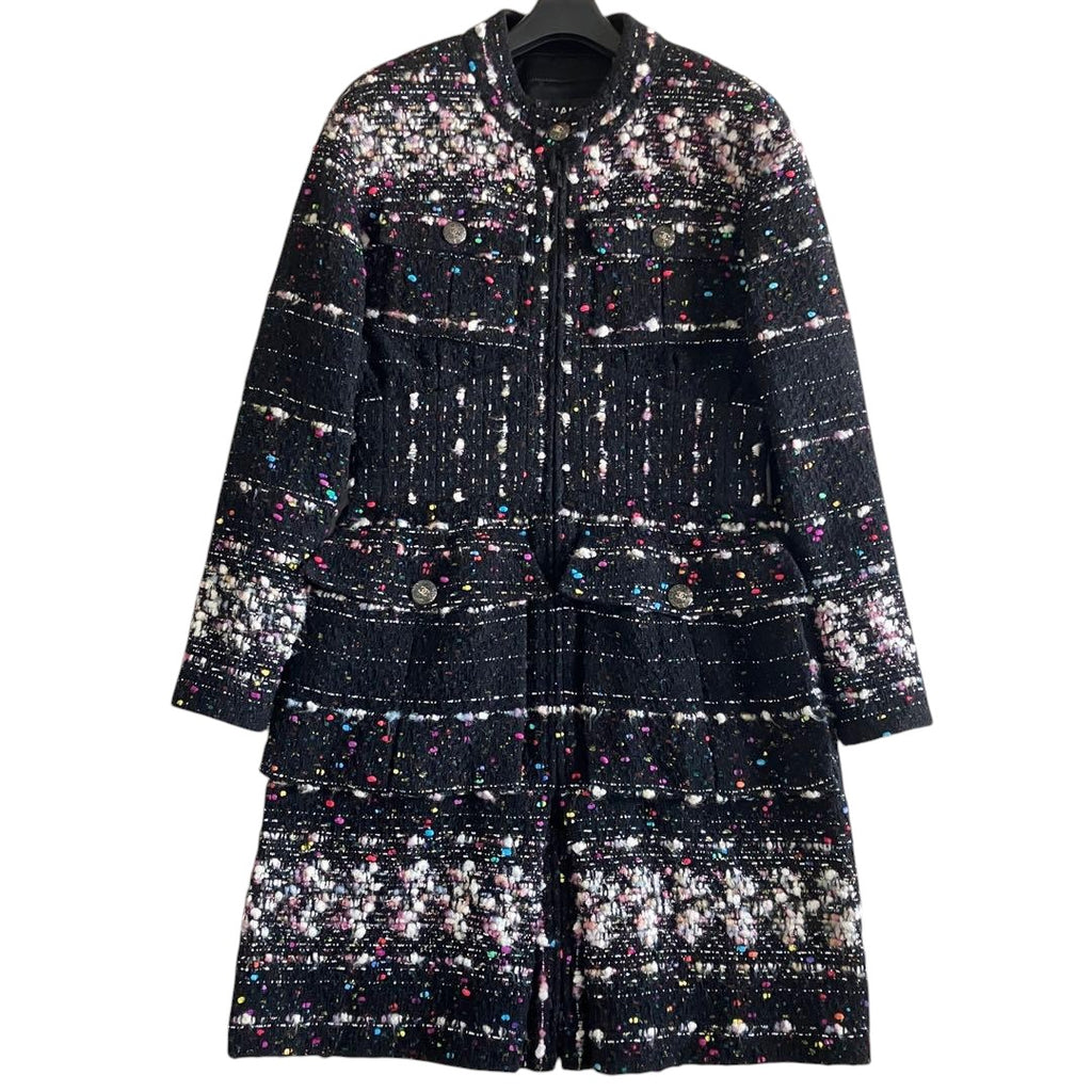 CHANEL Tweed Coco Button Zip Long Jacket Coat — Size 38 Black