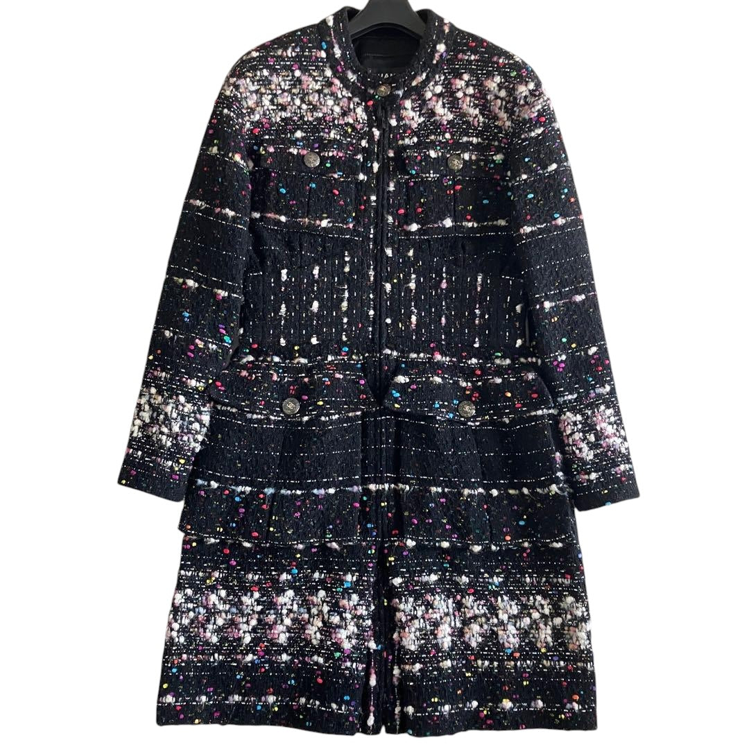 CHANEL Tweed Coco Button Zip Long Jacket Coat — Size 38 Black
