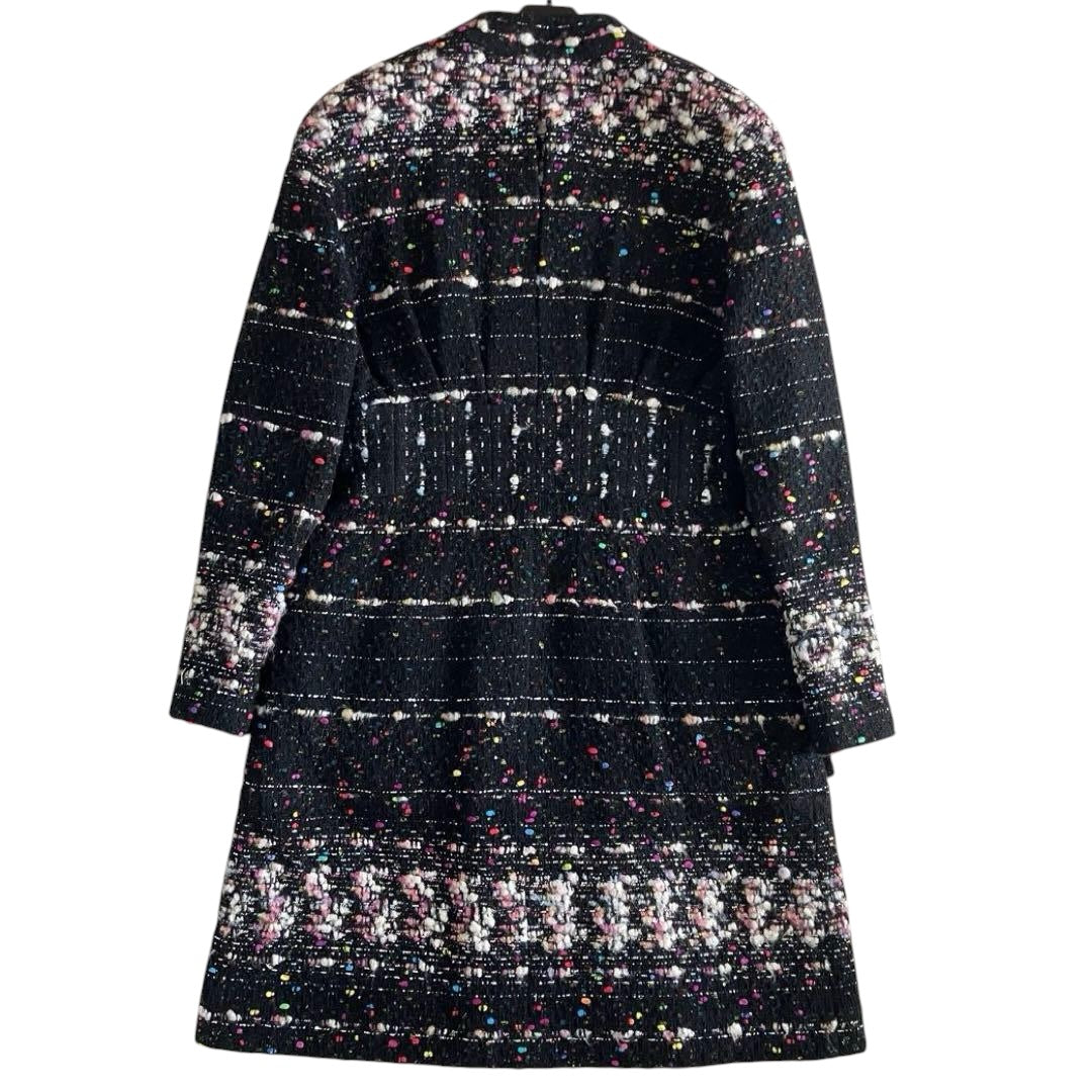 CHANEL Tweed Coco Button Zip Long Jacket Coat — Size 38 Black