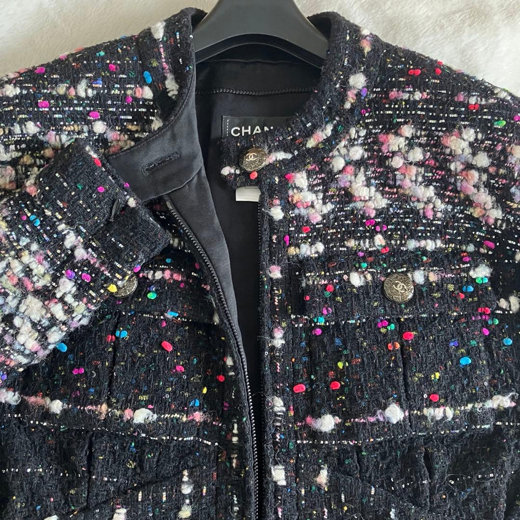 CHANEL Tweed Coco Button Zip Long Jacket Coat — Size 38 Black