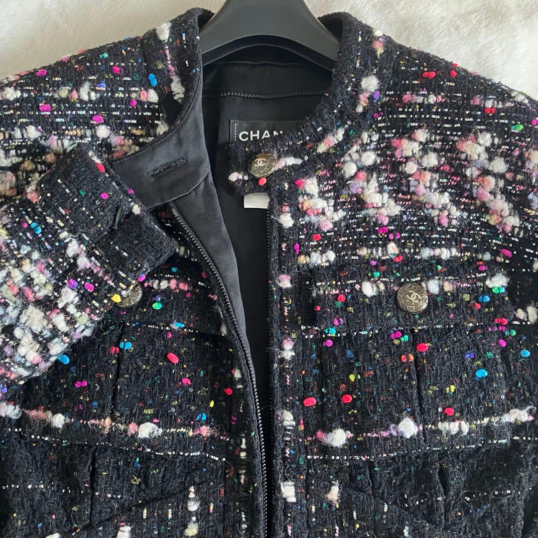 CHANEL Tweed Coco Button Zip Long Jacket Coat — Size 38 Black