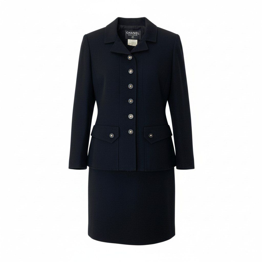CHANEL Vintage 97P Silk Tailored Jacket & Skirt Setup — Size 40 Black