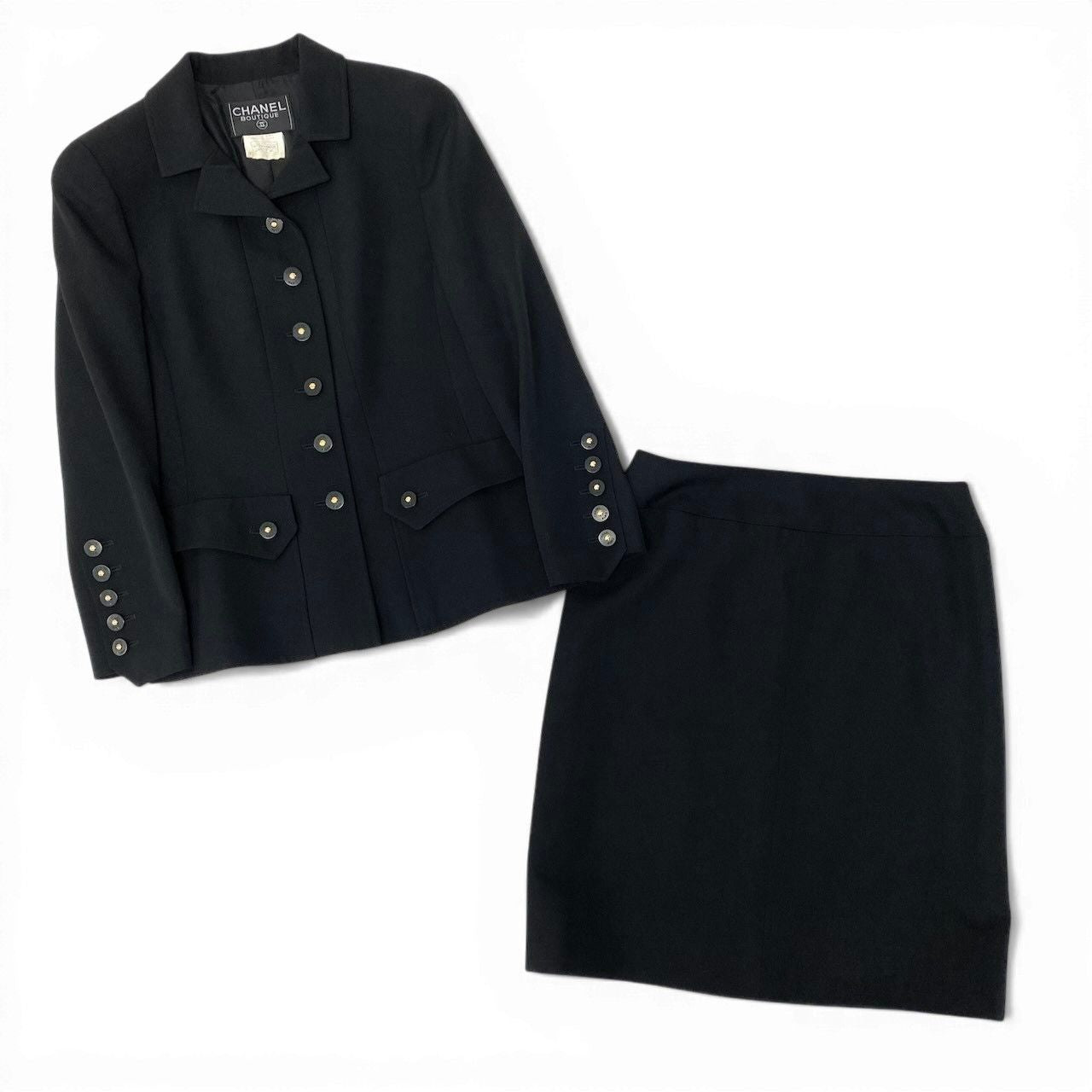 CHANEL Vintage 97P Silk Tailored Jacket & Skirt Setup — Size 40 Black