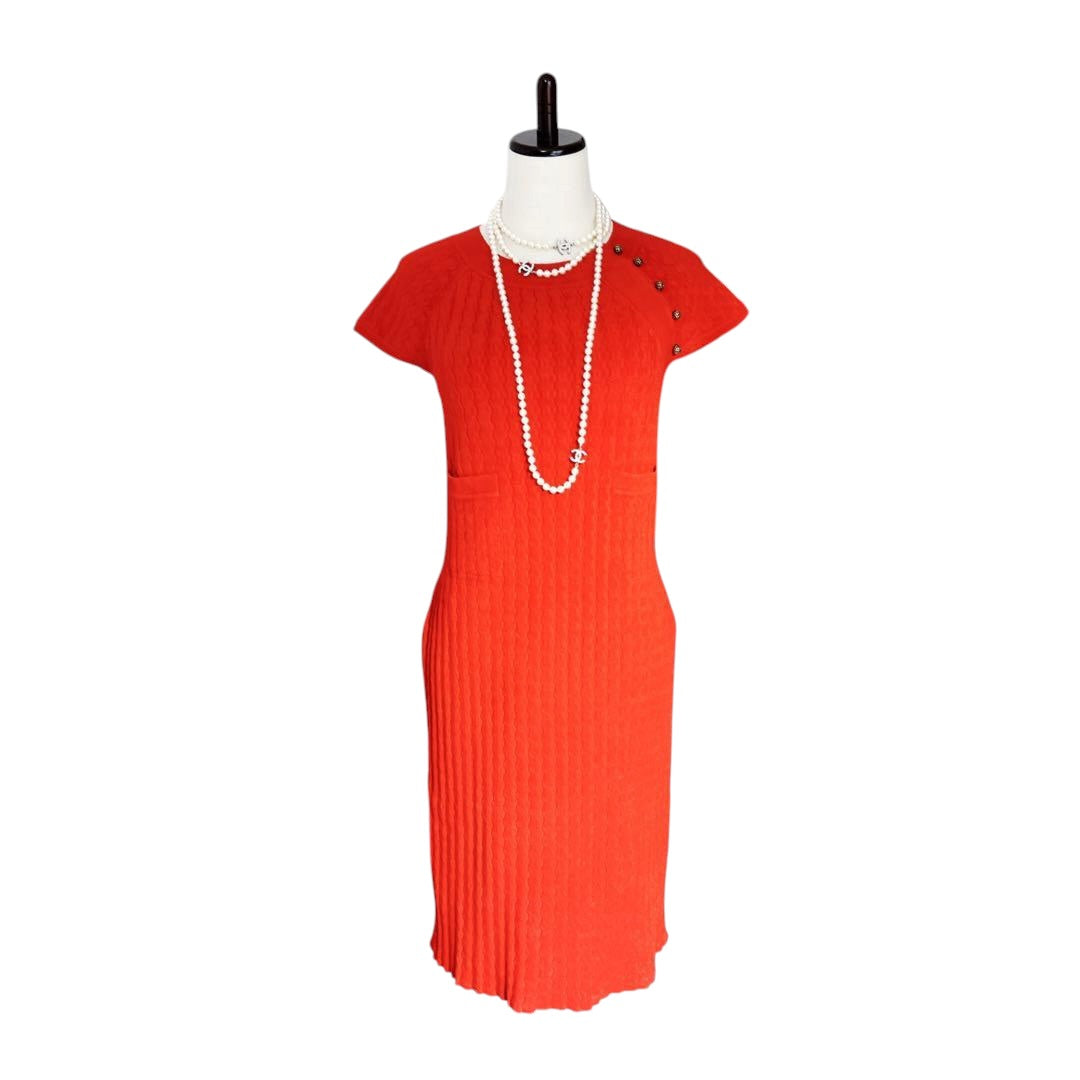 CHANEL Waffle Knit Dress Coco Mark Red Size 44