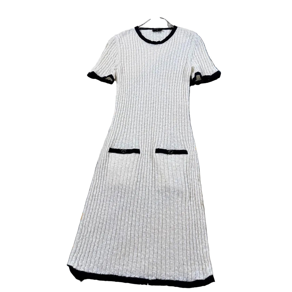 CHANEL 2022 Short Sleeve Knit Dress Coco Button Size 34