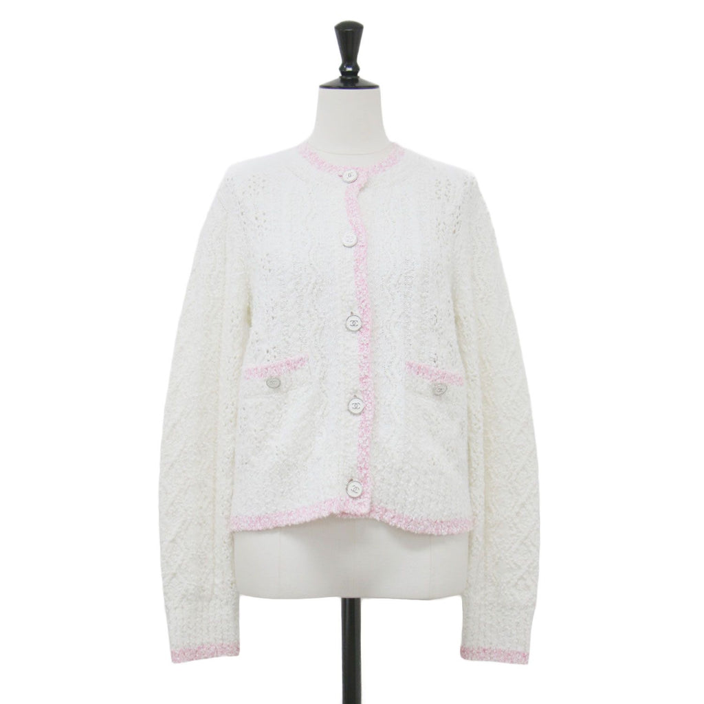 CHANEL 24SS ココマークレースニットカーディガンジャケット ホワイト ピンク サイズ36 (S) P76957K11092