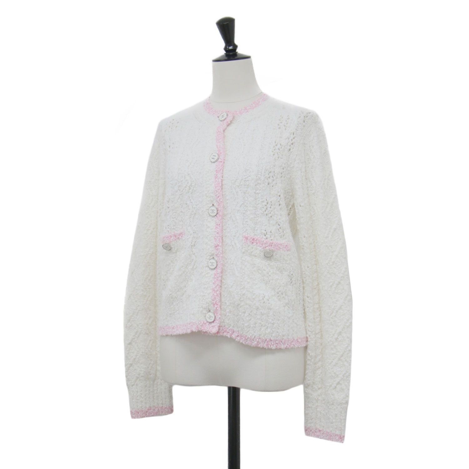 CHANEL 24SS Coco Mark Lace Knit Cardigan Jacket  White Pink Size 36 (S) P76957K11092