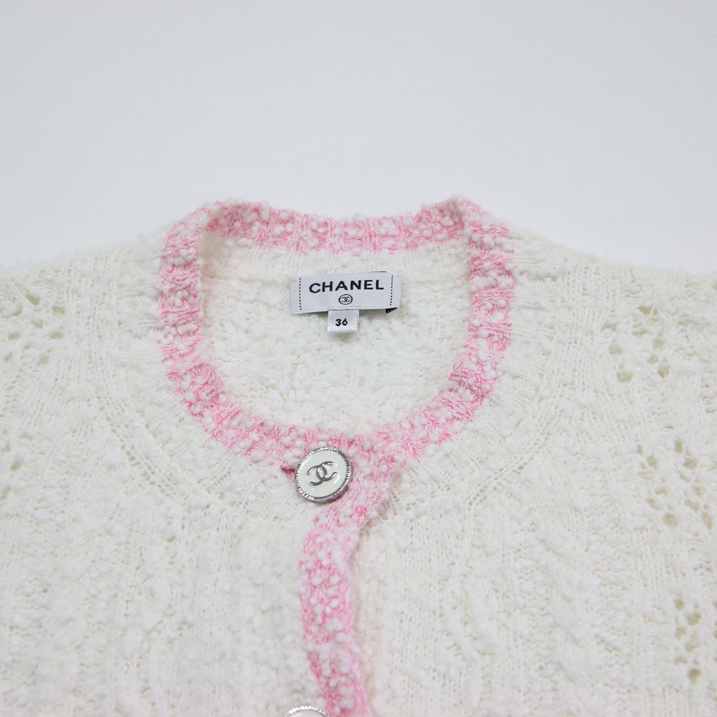 CHANEL 24SS ココマークレースニットカーディガンジャケット ホワイト ピンク サイズ36 (S) P76957K11092