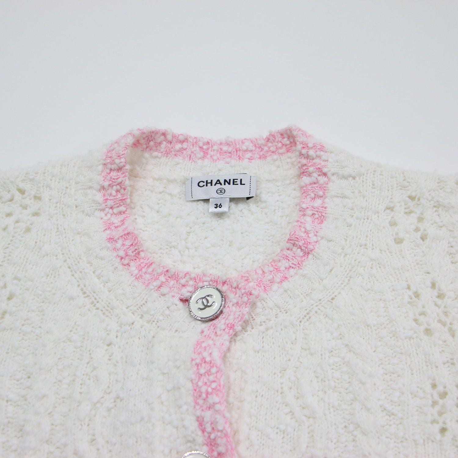 CHANEL 24SS Coco Mark Lace Knit Cardigan Jacket  White Pink Size 36 (S) P76957K11092
