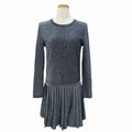 Chanel CC Button Hem Pleat Crew Neck Long Sleeve Knit Dress Lamé Silver Size 38 Like New