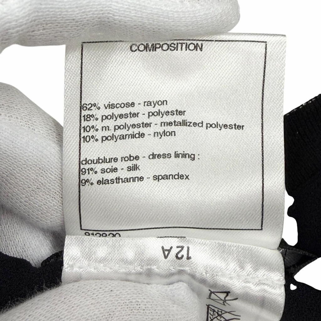 Chanel CC Button Hem Pleat Crew Neck Long Sleeve Knit Dress Lamé Silver Size 38 Like New