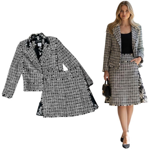 CHANEL 2004 Spring Tweed Setup  Suit Jacket & Skirt Coco Mark Button FR42