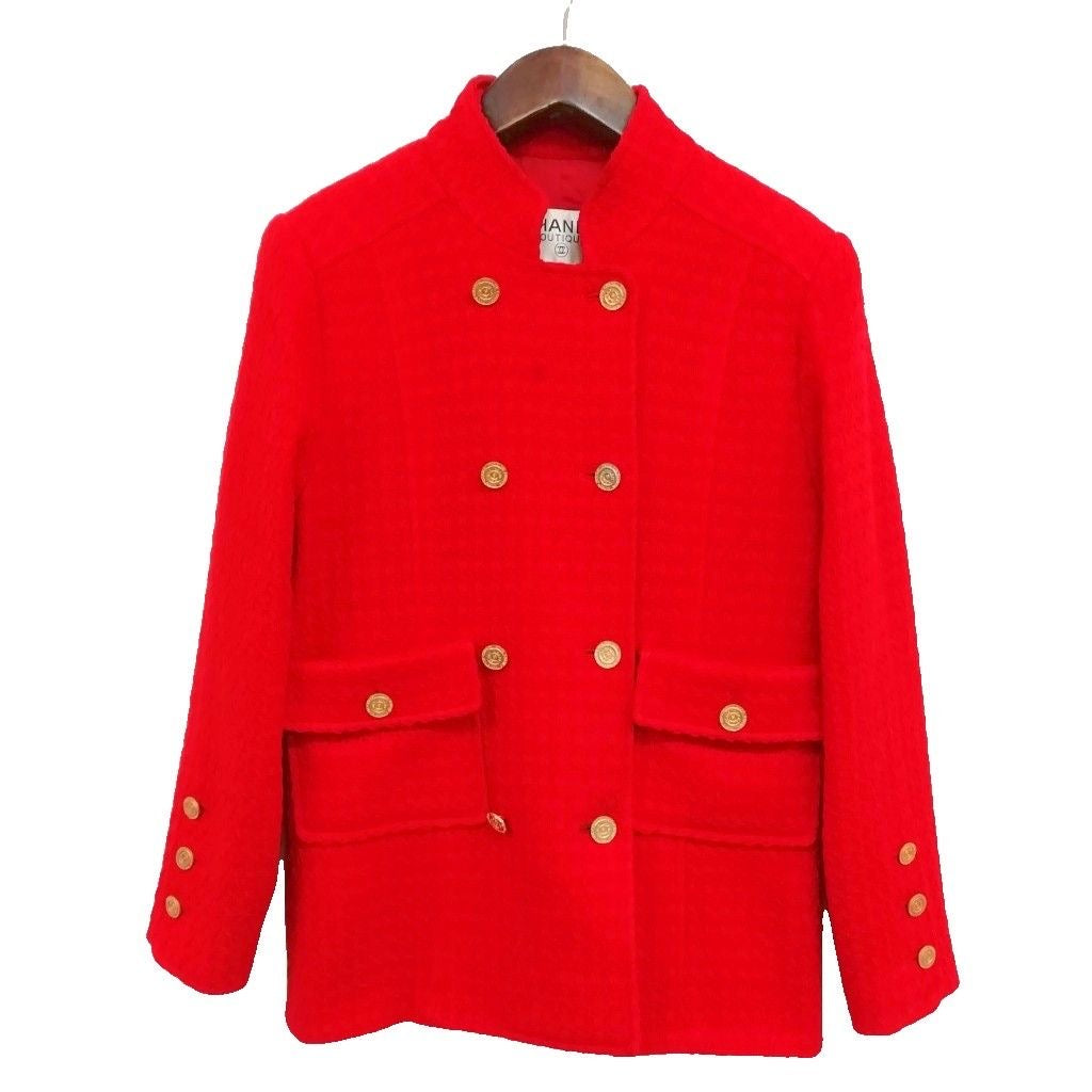 CHANEL Vintage Double-Breasted Stand Collar Tweed Jacket Coco Mark Gold Button Red Size 40