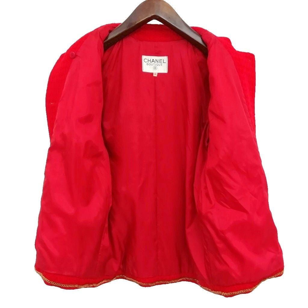 CHANEL Vintage Double-Breasted Stand Collar Tweed Jacket Coco Mark Gold Button Red Size 40
