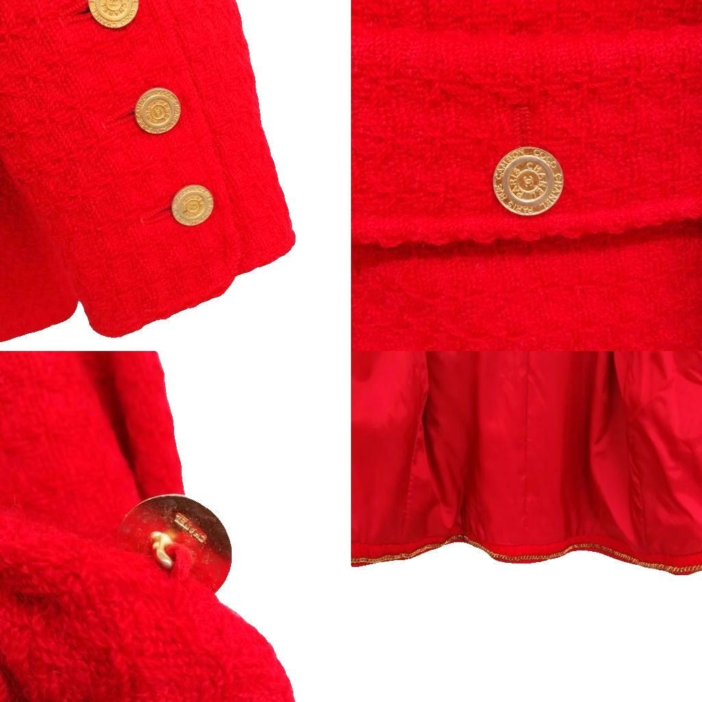 CHANEL Vintage Double-Breasted Stand Collar Tweed Jacket Coco Mark Gold Button Red Size 40