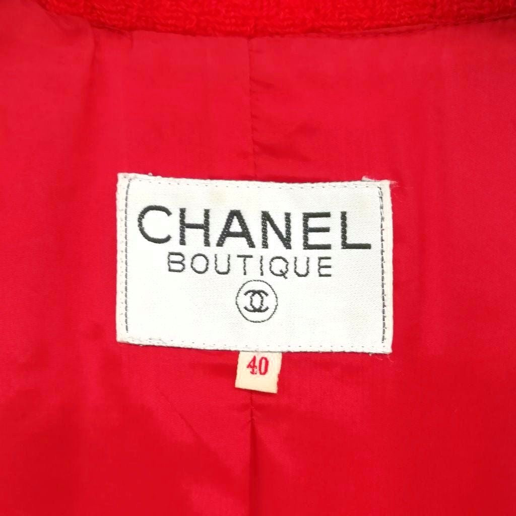 CHANEL Vintage Double-Breasted Stand Collar Tweed Jacket Coco Mark Gold Button Red Size 40