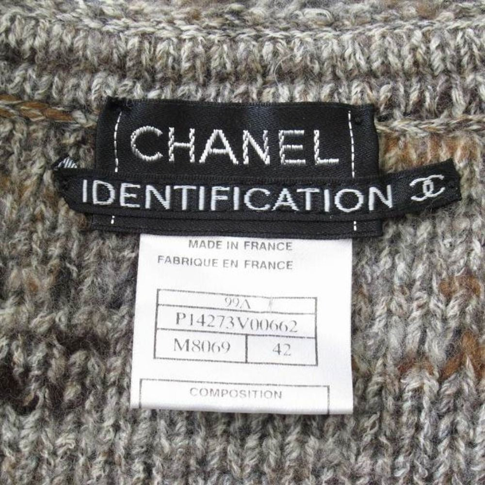CHANEL 99A Vintage No-Collar Fringe Knit Jacket Cardigan Grey Brown Size 42