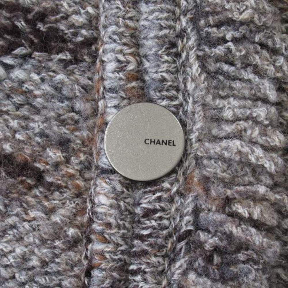 CHANEL 99A Vintage No-Collar Fringe Knit Jacket Cardigan Grey Brown Size 42