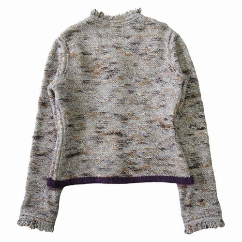 CHANEL 99A Vintage No-Collar Fringe Knit Jacket Cardigan Grey Brown Size 42