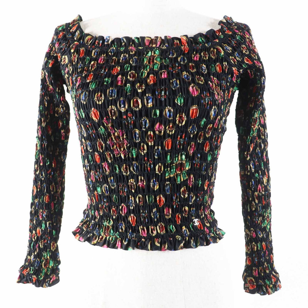Chanel CC Logo All-Over Print Off-Shoulder Shirring Blouse Black Multi Size 34 Like New