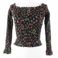 Chanel CC Logo All-Over Print Off-Shoulder Shirring Blouse Black Multi Size 34 Like New