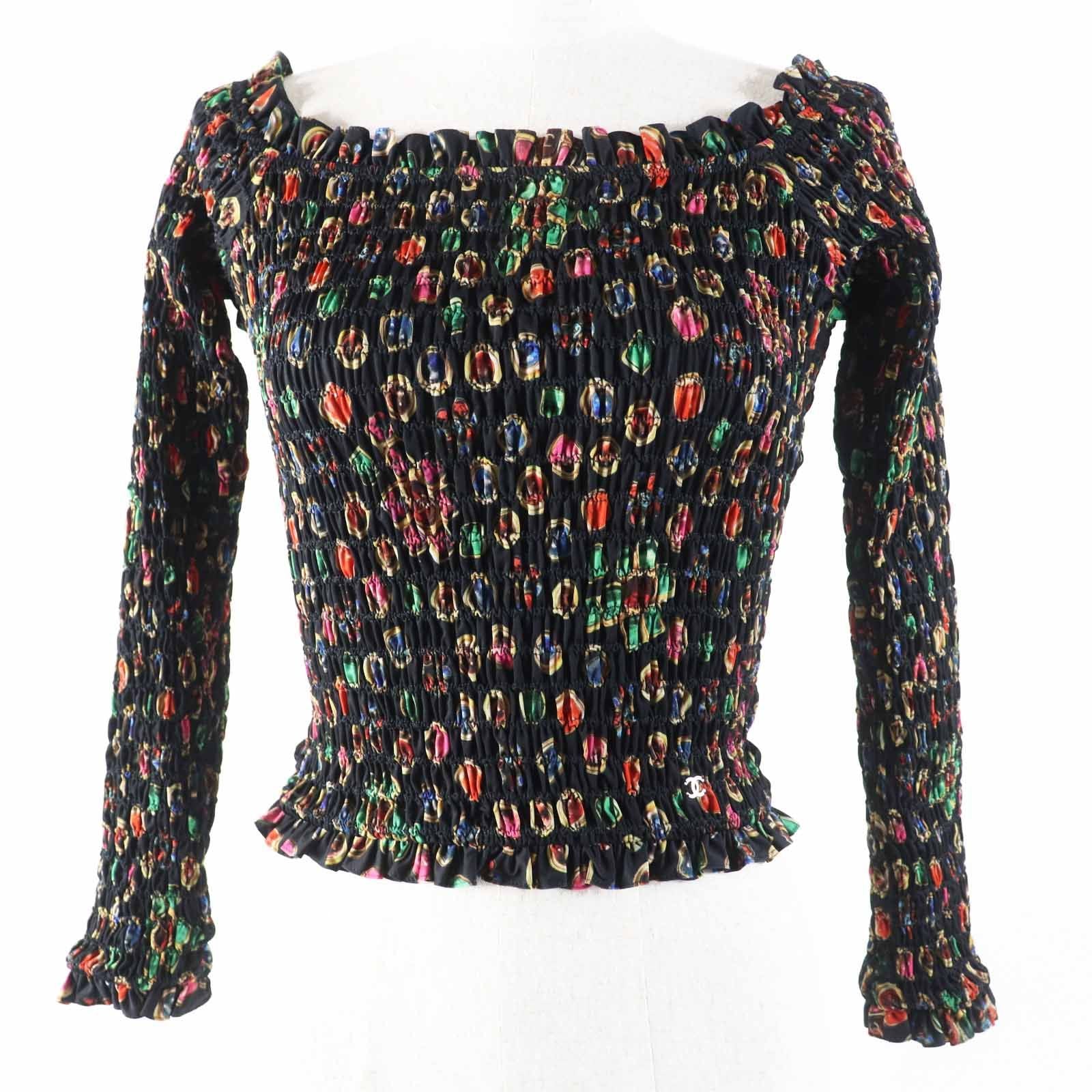 Chanel CC Logo All-Over Print Off-Shoulder Shirring Blouse Black Multi Size 34 Like New