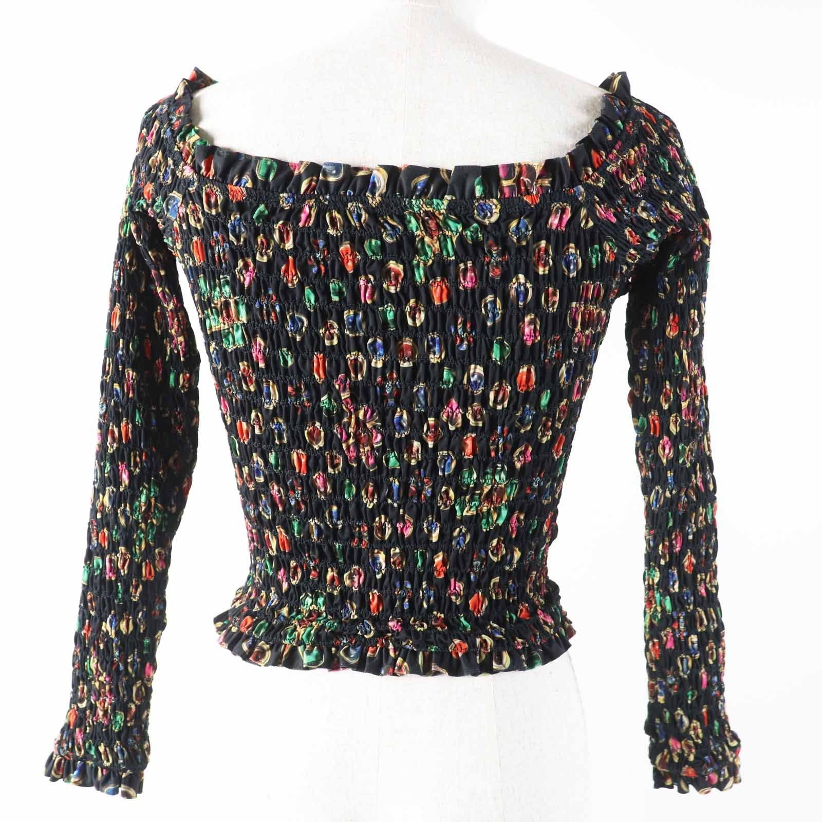 Chanel CC Logo All-Over Print Off-Shoulder Shirring Blouse Black Multi Size 34 Like New