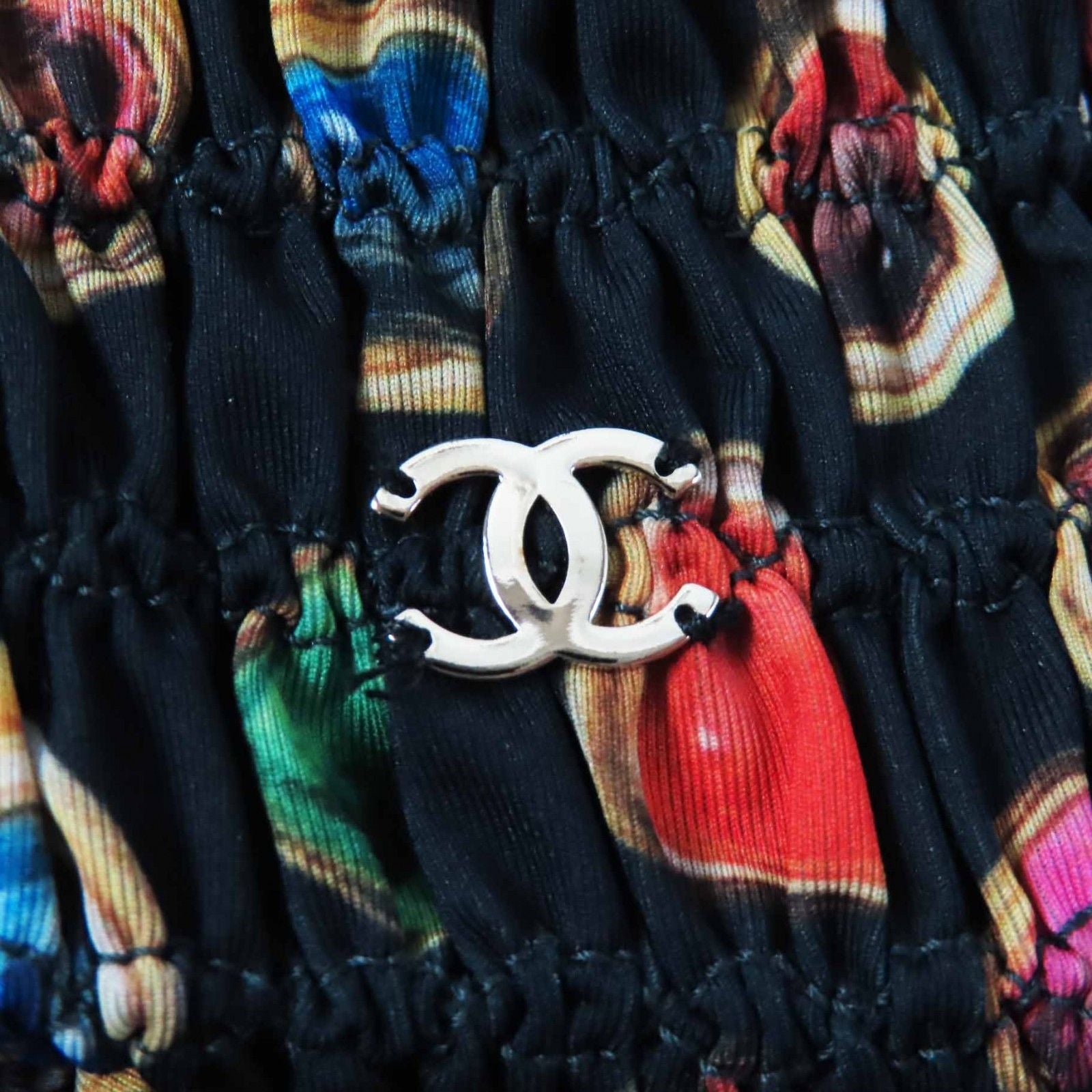 Chanel CC Logo All-Over Print Off-Shoulder Shirring Blouse Black Multi Size 34 Like New