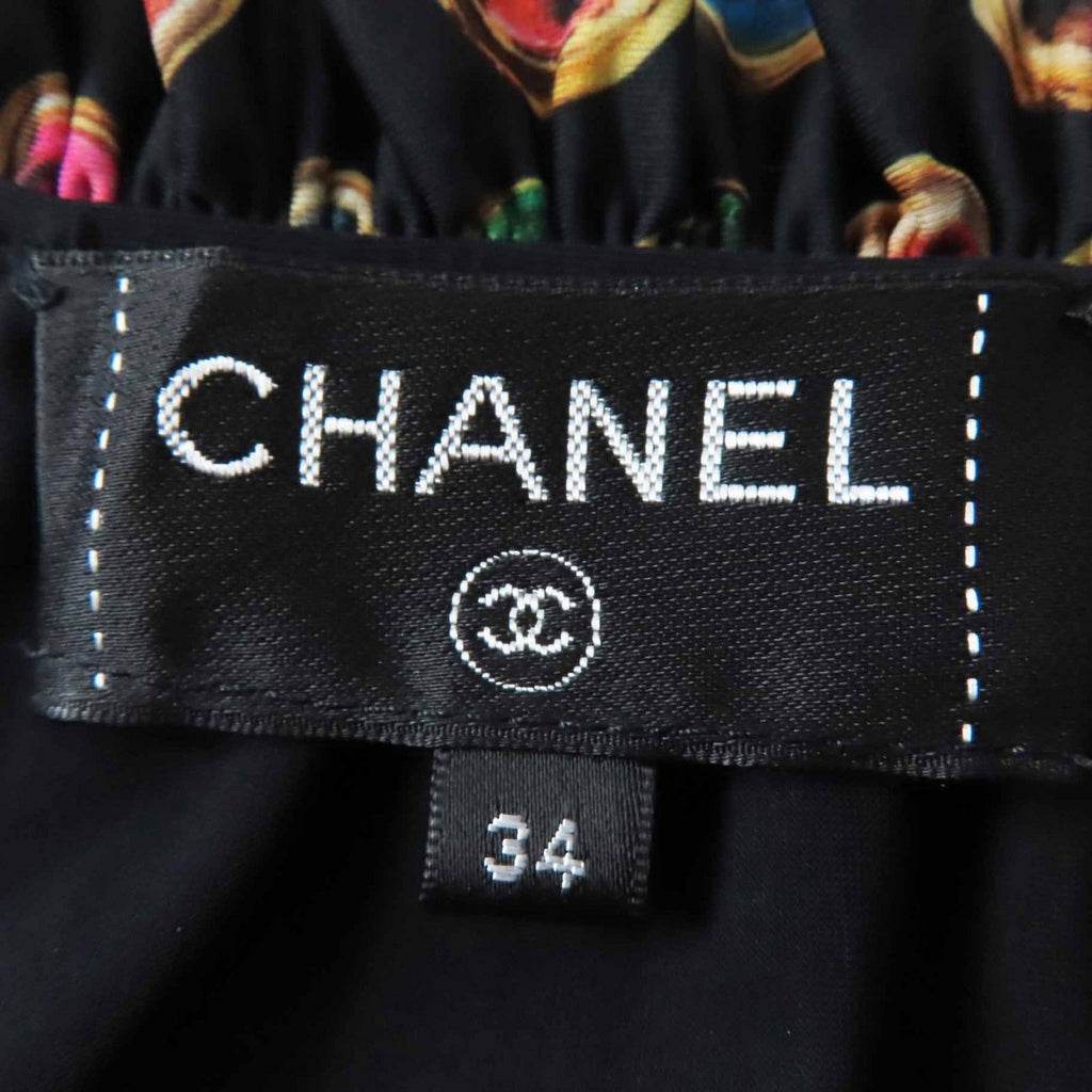 Chanel CC Logo All-Over Print Off-Shoulder Shirring Blouse Black Multi Size 34 Like New