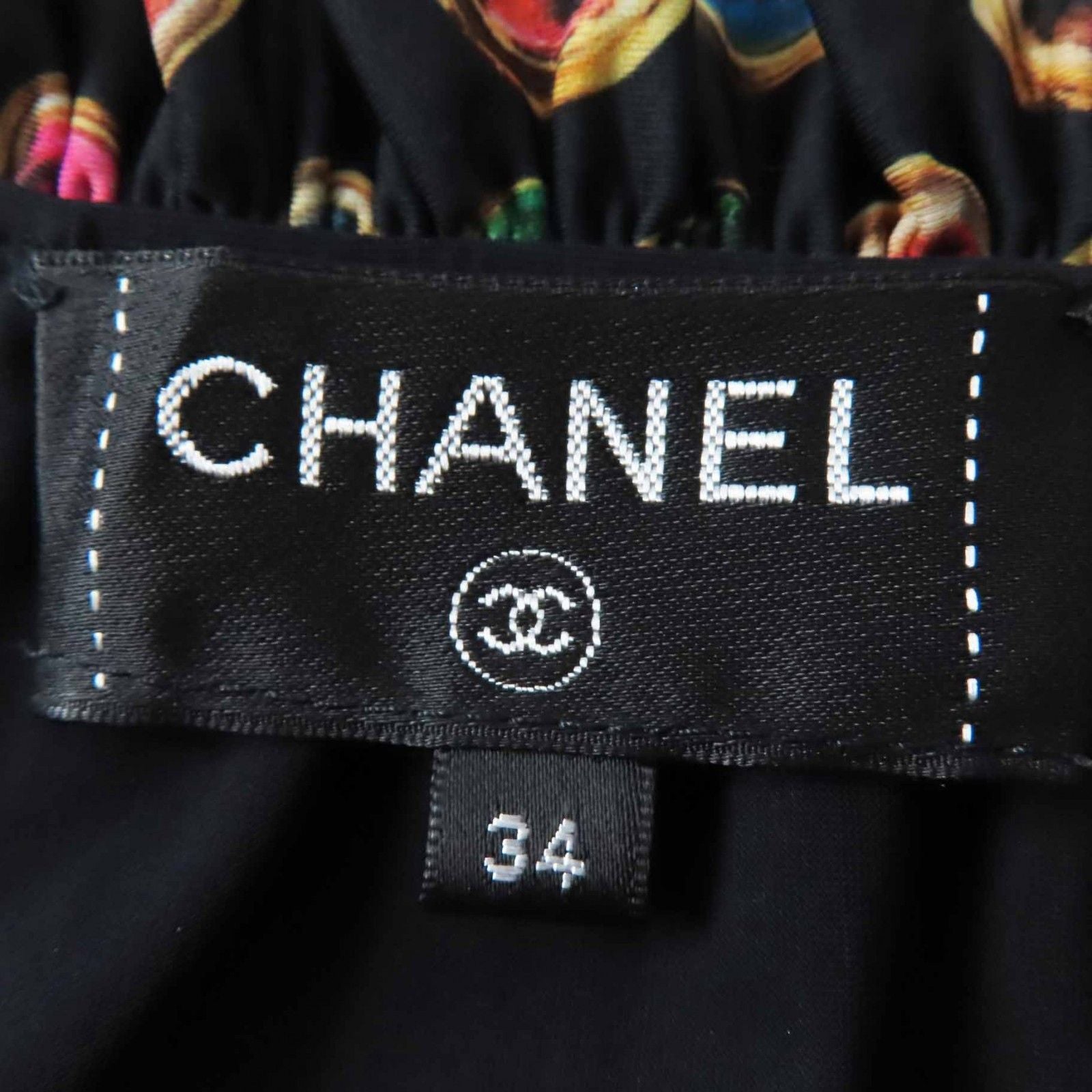 Chanel CC Logo All-Over Print Off-Shoulder Shirring Blouse Black Multi Size 34 Like New