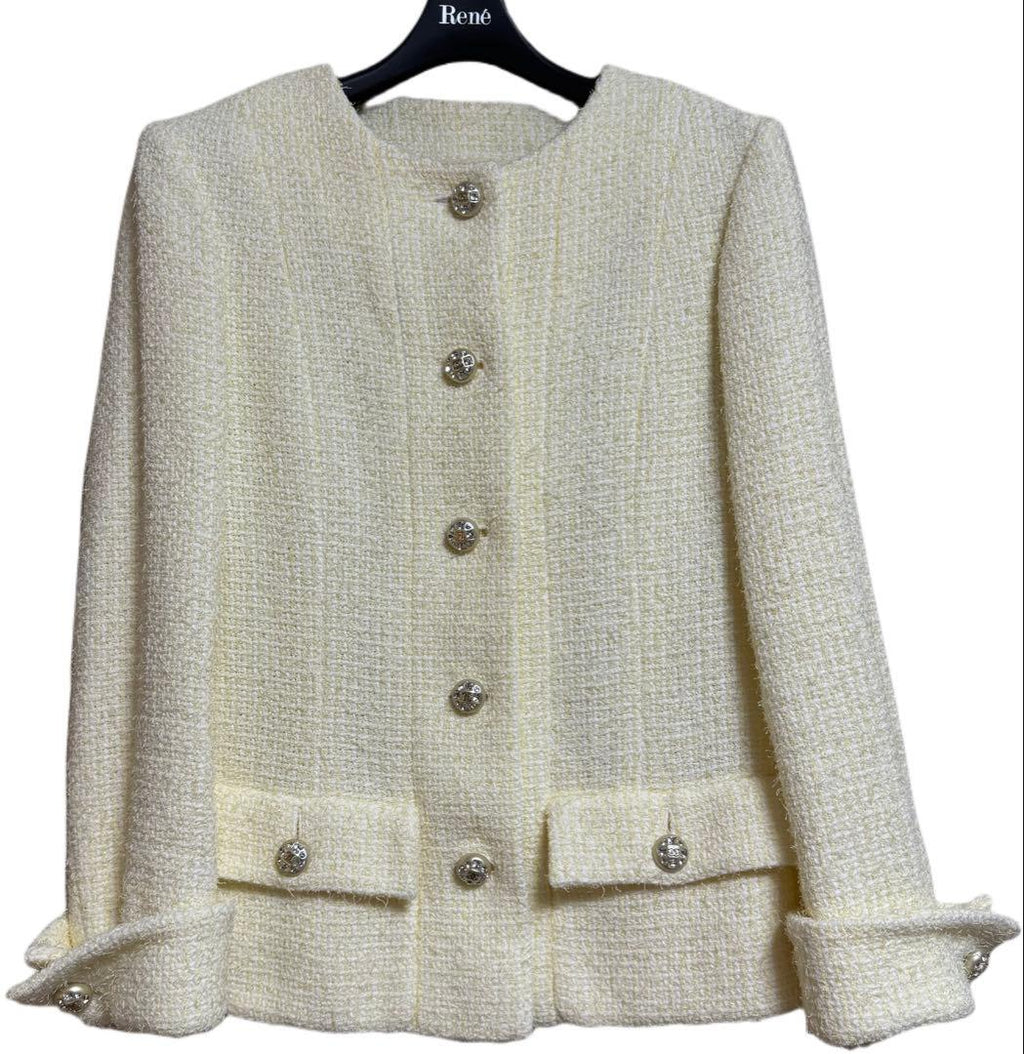 Chanel Tweed Jacket CC Button Lemon Yellow Size 34 Good Condition