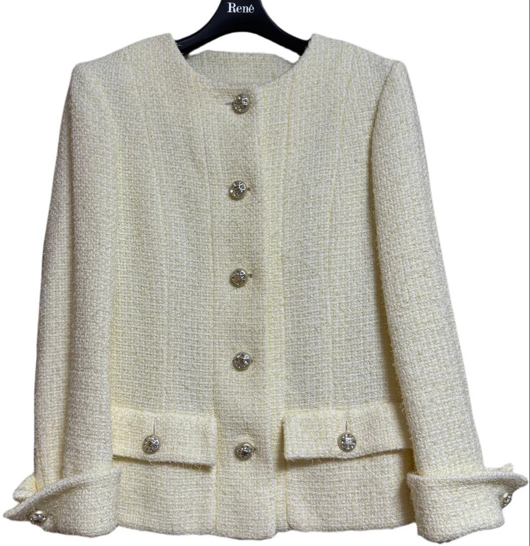 Chanel Tweed Jacket CC Button Lemon Yellow Size 34 Good Condition