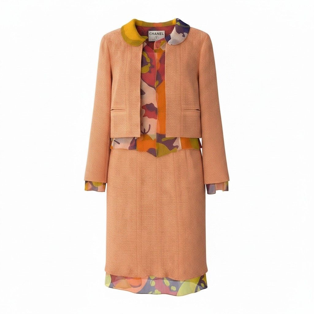 Chanel Tweed Jacket & No-Cut Skirt Setup Size 38 Orange Multicolor