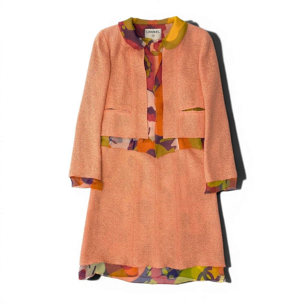 Chanel Tweed Jacket & No-Cut Skirt Setup Size 38 Orange Multicolor