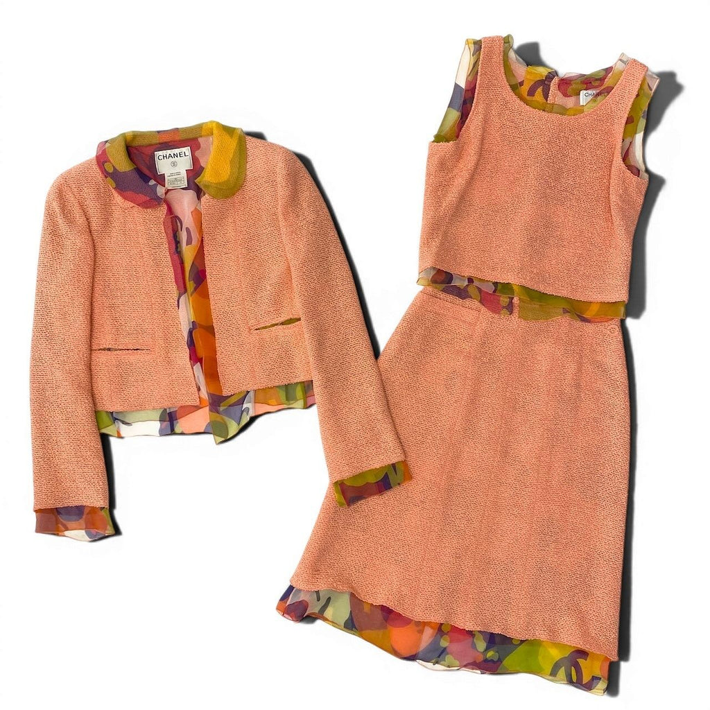 Chanel Tweed Jacket & No-Cut Skirt Setup Size 38 Orange Multicolor