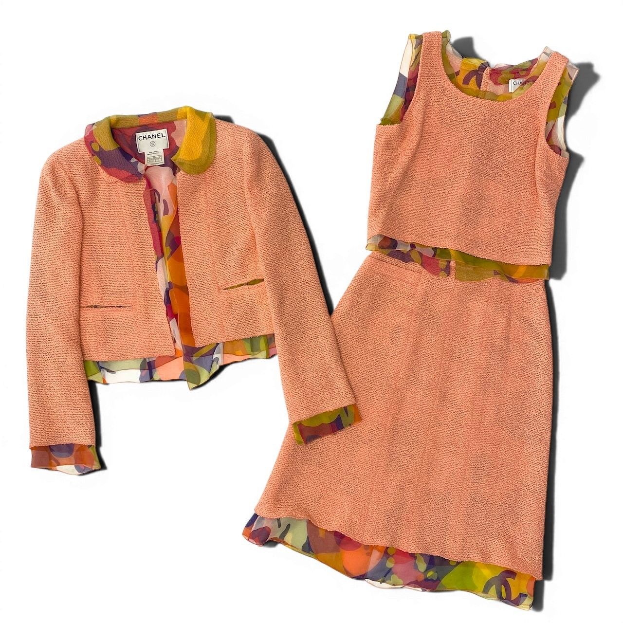 Chanel Tweed Jacket & No-Cut Skirt Setup Size 38 Orange Multicolor