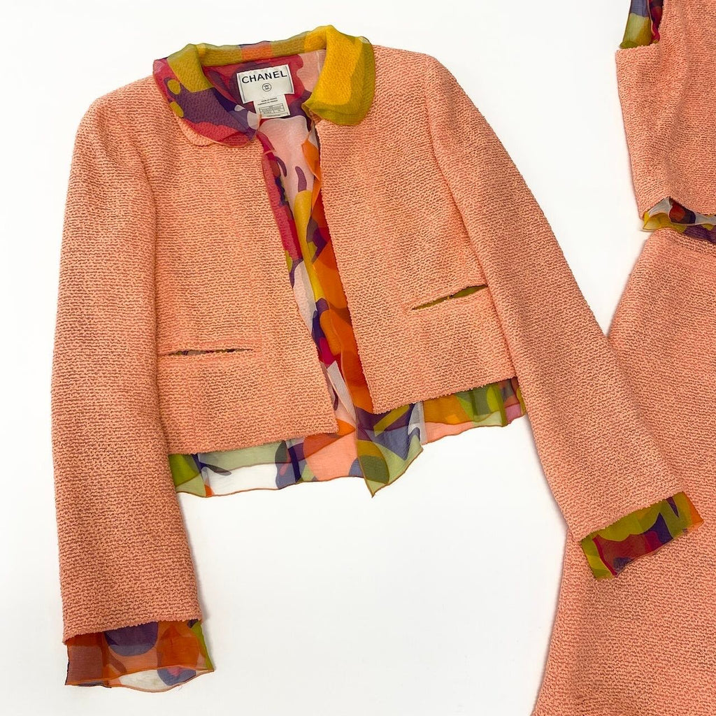 Chanel Tweed Jacket & No-Cut Skirt Setup Size 38 Orange Multicolor
