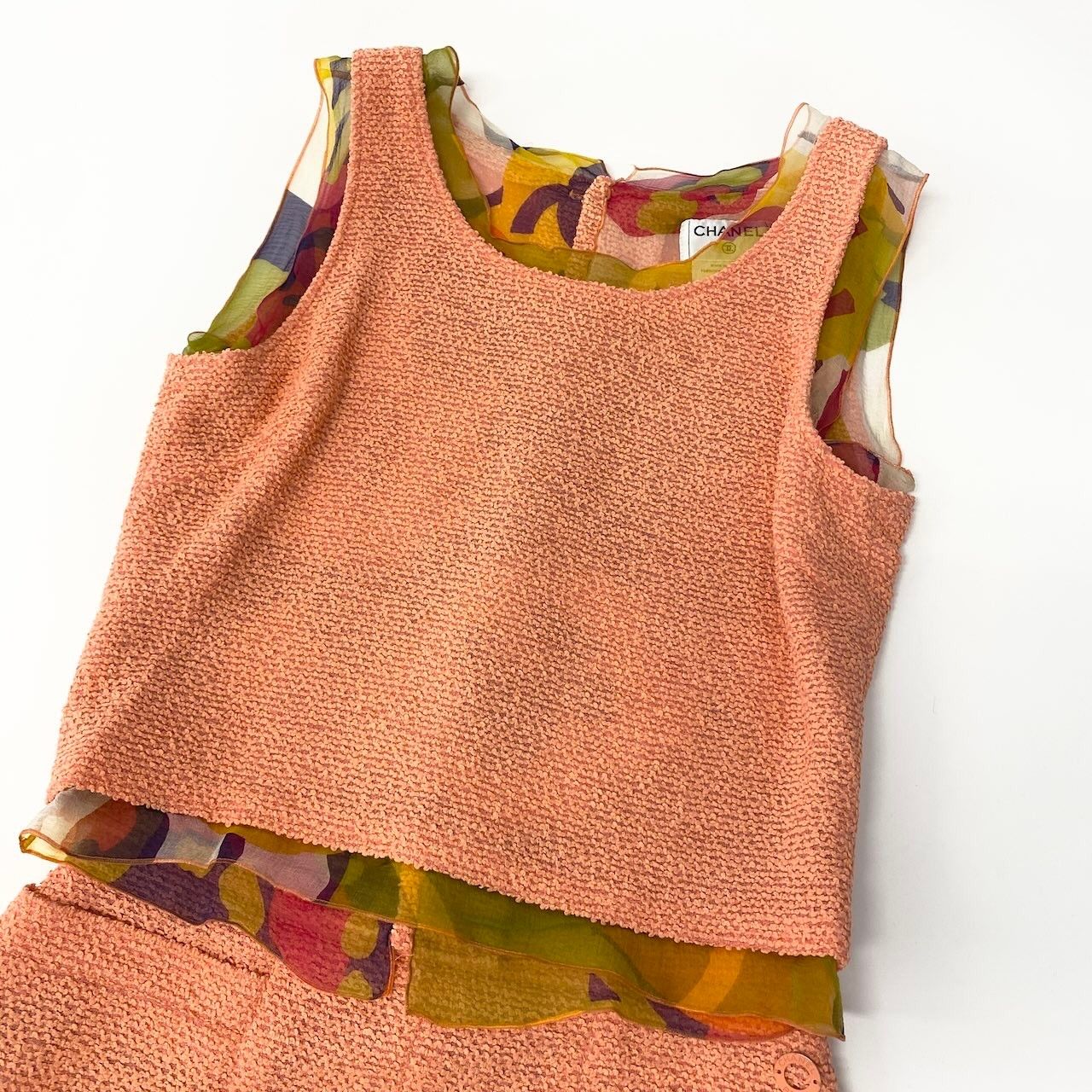 Chanel Tweed Jacket & No-Cut Skirt Setup Size 38 Orange Multicolor