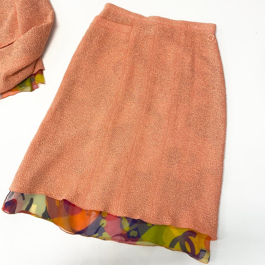 Chanel Tweed Jacket & No-Cut Skirt Setup Size 38 Orange Multicolor