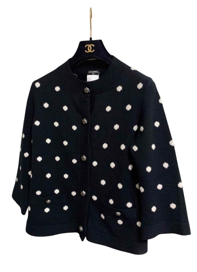CHANEL Dot Pattern Bicolor Coco Button Cardigan Size 36