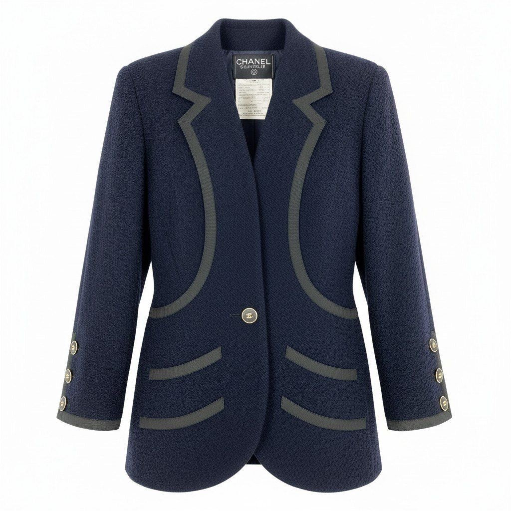 Vintage CHANEL 1990 Tweed Tailored Jacket Coco Mark Size 36 Navy 21178